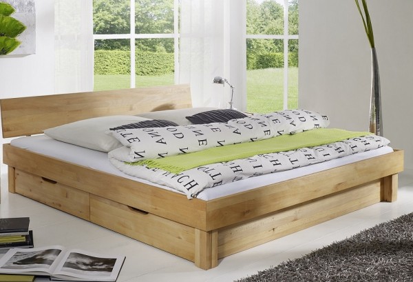 Bett mit Bettkästen 'Lewis' 160x200cm Kernbuche massiv Kopfteil geschlossen